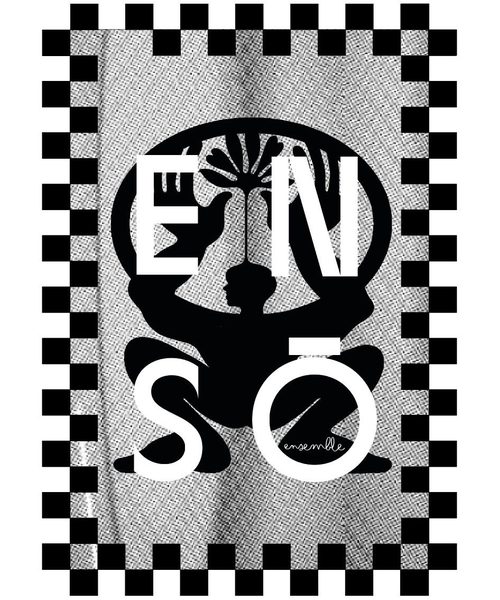 Affiche du collectif ENSŌ ENSEMBLE, silhouette accroupie tenant un cercle et lettres ENSŌ dans un cadre en damier noir et blanc