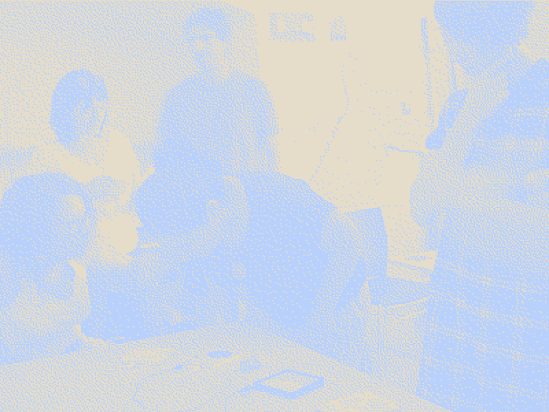 Atelier cortenais : participants autour d'une table, dessin tramé bleu