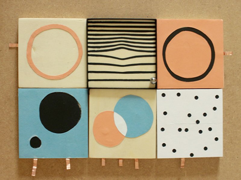 Six surfaces interactives aux motifs colorés : cercles, lignes et points