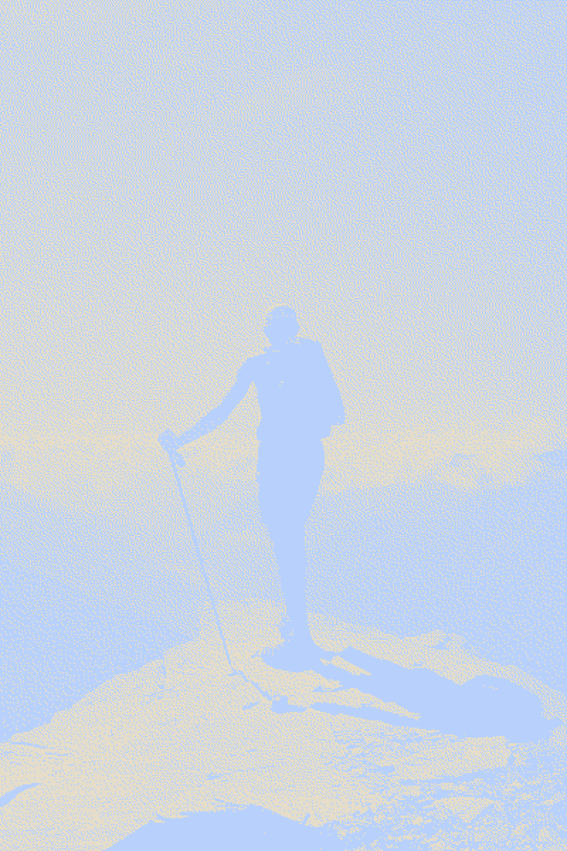 Ciabot del pra : silhouette d'un randonneur au sommet, dessin tramé bleu