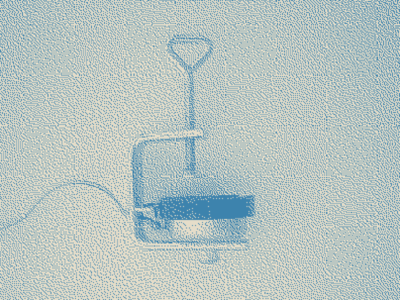 Contact : prototype d'enceinte avec serre-joint et câble, dessin tramé bleu