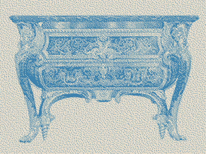 Embrouille : commode de style rocaille, dessin tramé bleu