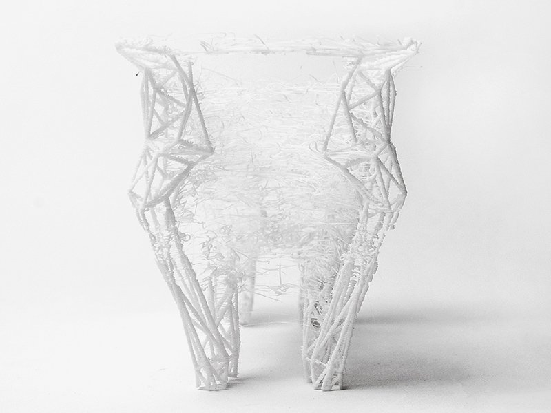 Embrouille de face : structure imprimée en 3D aux filaments entremêlés