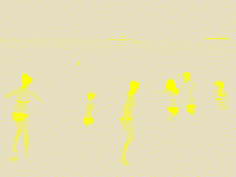 Las Estrellas : silhouettes de baigneurs sur une plage, dessin tramé jaune