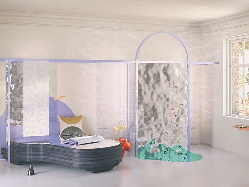 Rendu de la scénographie : méridienne, paravents et miroir déformant dans une pièce blanche