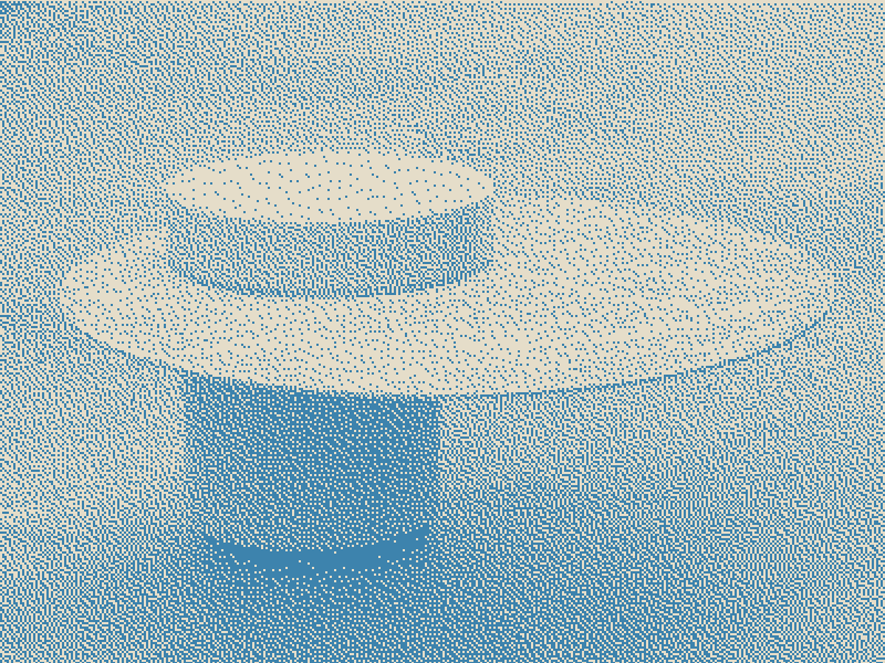 Soundwich : enceinte faite de deux disques superposés sur un pied, dessin tramé bleu
