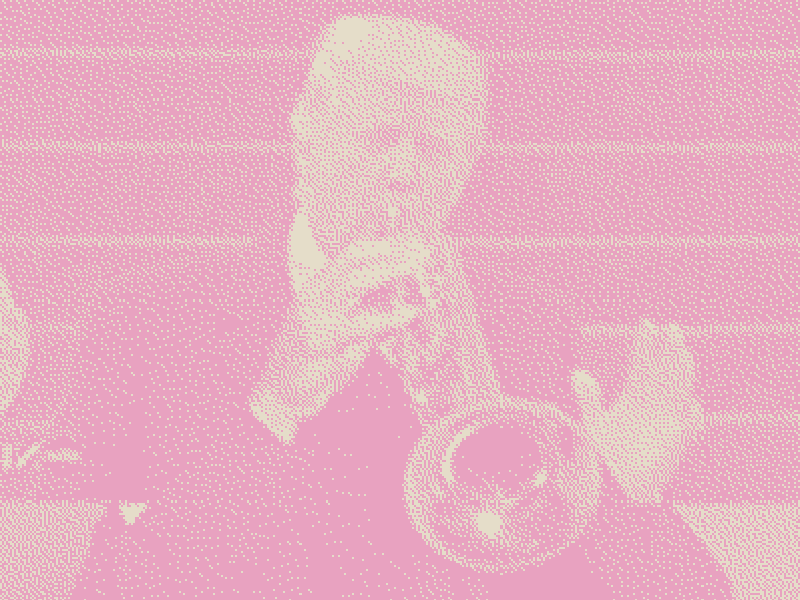 Trumpette : homme jouant de la trompette, dessin tramé rose