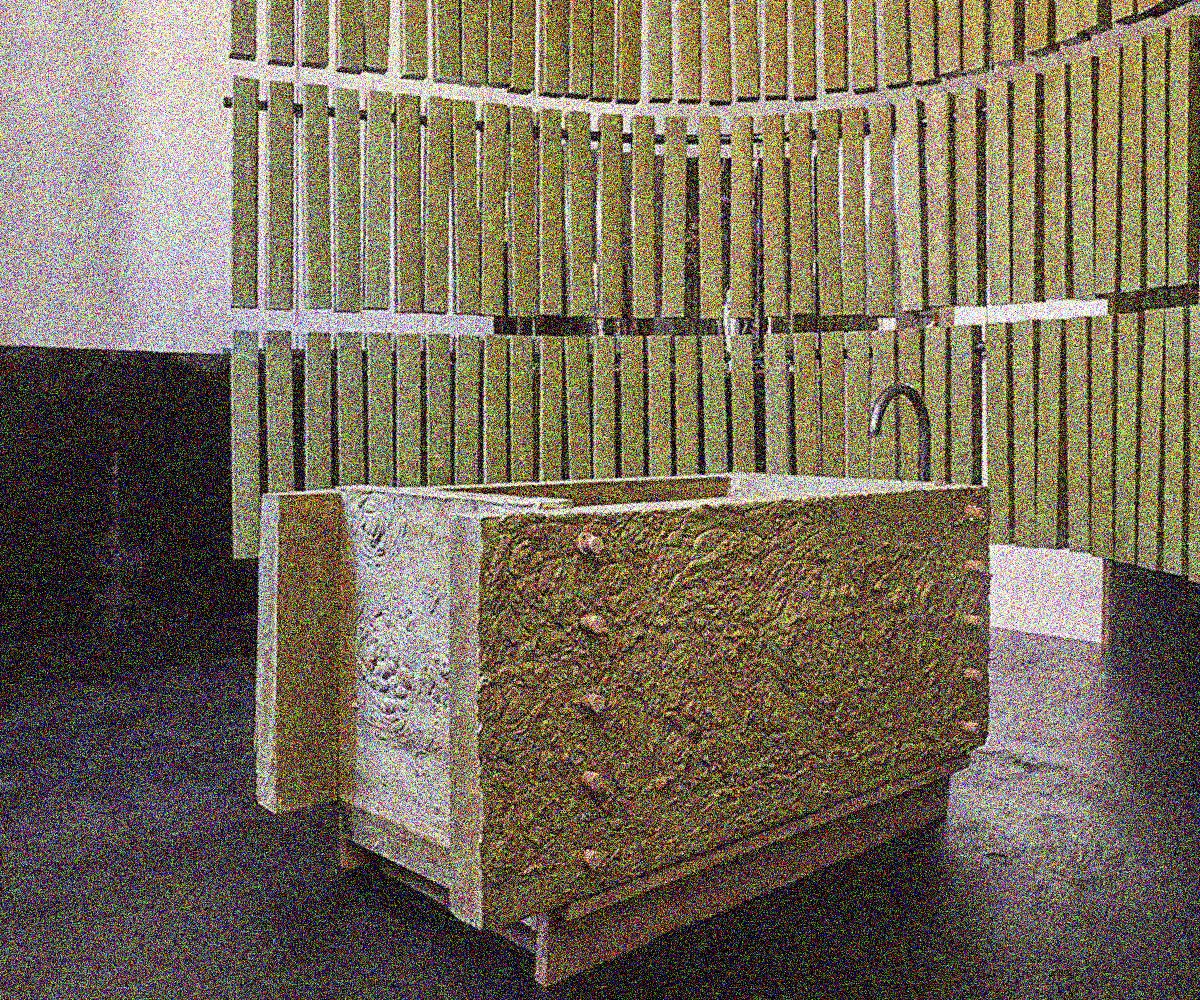 Monolithic basin with a textured surface in front of a curved slatted wall, Zou Maë project, Design Parade Toulon 2019